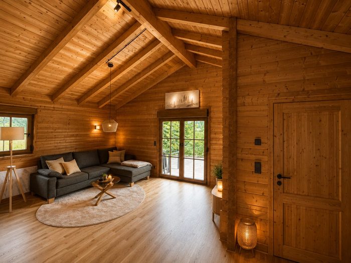 Blockhaus Gerhelm 3 — heller Wohnraum mit viel Holz